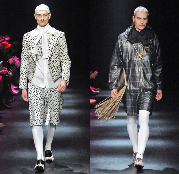 DRESSCAMP by Toshikazu Iwaya 2014-2015 Fall Autumn Winter Mens Runway Looks - Mercedes-Benz Fashion Week Tokyo Japan Catwalk Fashion Show - Denim Jeans Jumpsuit Boiler Suit Coveralls Outerwear Down Parka Coat Furry Hoodie Ribbon Leopard Oversized Dalmatian Spots Plaid Tartan Military Shorts Tuxedo Jacket Moustache Tights Fringes Hearts Stars Houndstooth Wide Leg Pants Trousers Motorcycle Biker Rider Hat Sweatpants Sweatshirt Necklace Print Motif