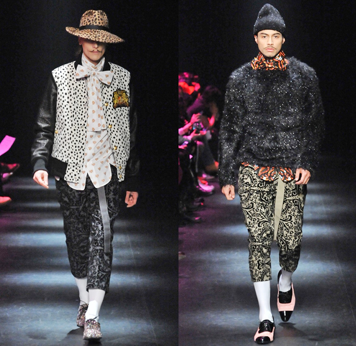 DRESSCAMP by Toshikazu Iwaya 2014-2015 Fall Autumn Winter Mens Runway Looks - Mercedes-Benz Fashion Week Tokyo Japan Catwalk Fashion Show - Denim Jeans Jumpsuit Boiler Suit Coveralls Outerwear Down Parka Coat Furry Hoodie Ribbon Leopard Oversized Dalmatian Spots Plaid Tartan Military Shorts Tuxedo Jacket Moustache Tights Fringes Hearts Stars Houndstooth Wide Leg Pants Trousers Motorcycle Biker Rider Hat Sweatpants Sweatshirt Necklace Print Motif