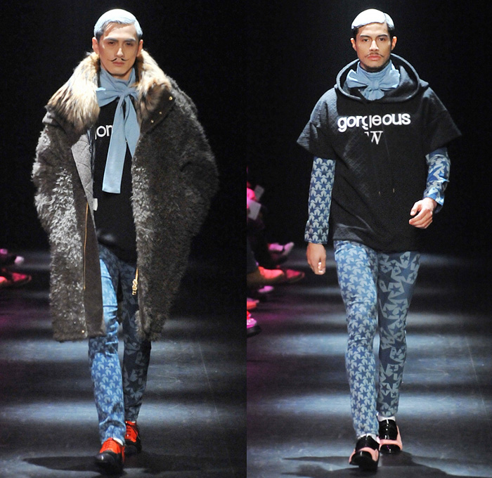 DRESSCAMP by Toshikazu Iwaya 2014-2015 Fall Autumn Winter Mens Runway Looks - Mercedes-Benz Fashion Week Tokyo Japan Catwalk Fashion Show - Denim Jeans Jumpsuit Boiler Suit Coveralls Outerwear Down Parka Coat Furry Hoodie Ribbon Leopard Oversized Dalmatian Spots Plaid Tartan Military Shorts Tuxedo Jacket Moustache Tights Fringes Hearts Stars Houndstooth Wide Leg Pants Trousers Motorcycle Biker Rider Hat Sweatpants Sweatshirt Necklace Print Motif