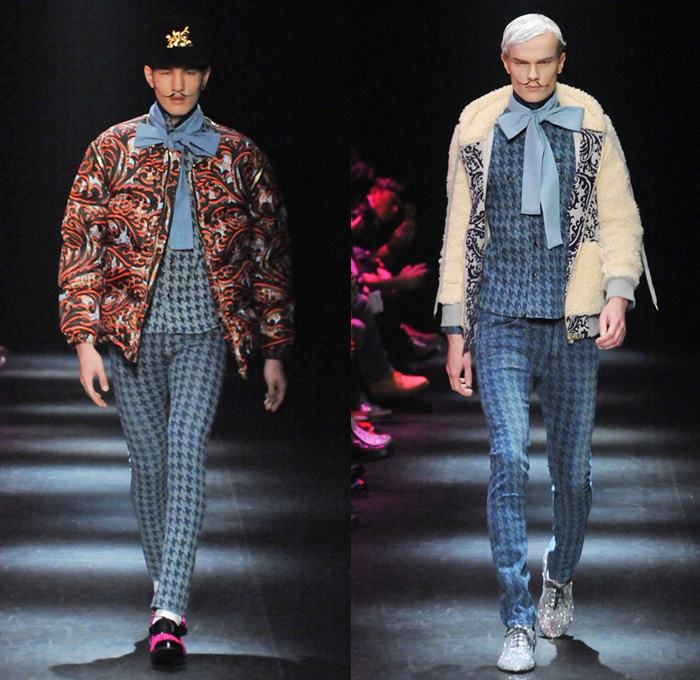 DRESSCAMP by Toshikazu Iwaya 2014-2015 Fall Autumn Winter Mens Runway Looks - Mercedes-Benz Fashion Week Tokyo Japan Catwalk Fashion Show - Denim Jeans Jumpsuit Boiler Suit Coveralls Outerwear Down Parka Coat Furry Hoodie Ribbon Leopard Oversized Dalmatian Spots Plaid Tartan Military Shorts Tuxedo Jacket Moustache Tights Fringes Hearts Stars Houndstooth Wide Leg Pants Trousers Motorcycle Biker Rider Hat Sweatpants Sweatshirt Necklace Print Motif