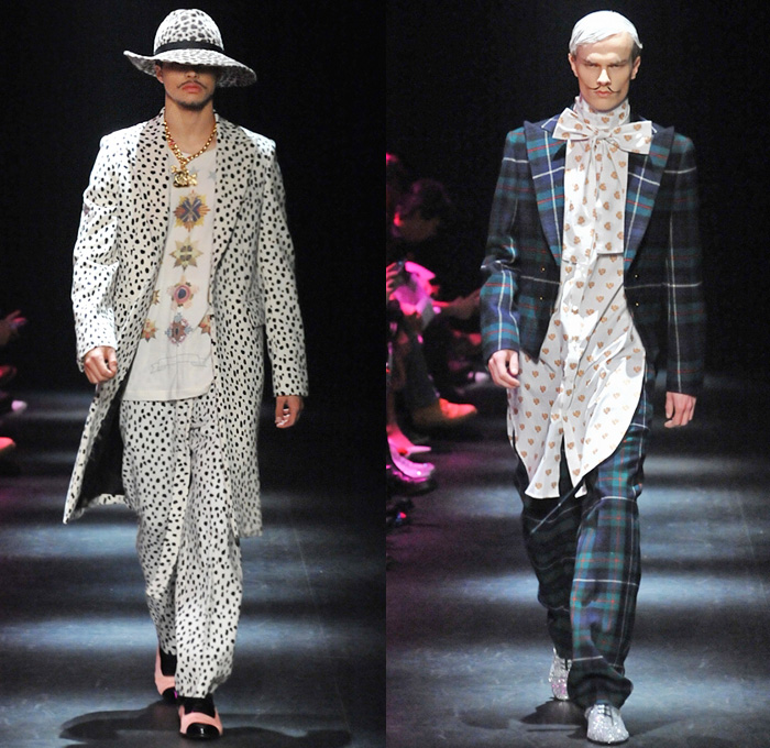 DRESSCAMP by Toshikazu Iwaya 2014-2015 Fall Autumn Winter Mens Runway Looks - Mercedes-Benz Fashion Week Tokyo Japan Catwalk Fashion Show - Denim Jeans Jumpsuit Boiler Suit Coveralls Outerwear Down Parka Coat Furry Hoodie Ribbon Leopard Oversized Dalmatian Spots Plaid Tartan Military Shorts Tuxedo Jacket Moustache Tights Fringes Hearts Stars Houndstooth Wide Leg Pants Trousers Motorcycle Biker Rider Hat Sweatpants Sweatshirt Necklace Print Motif