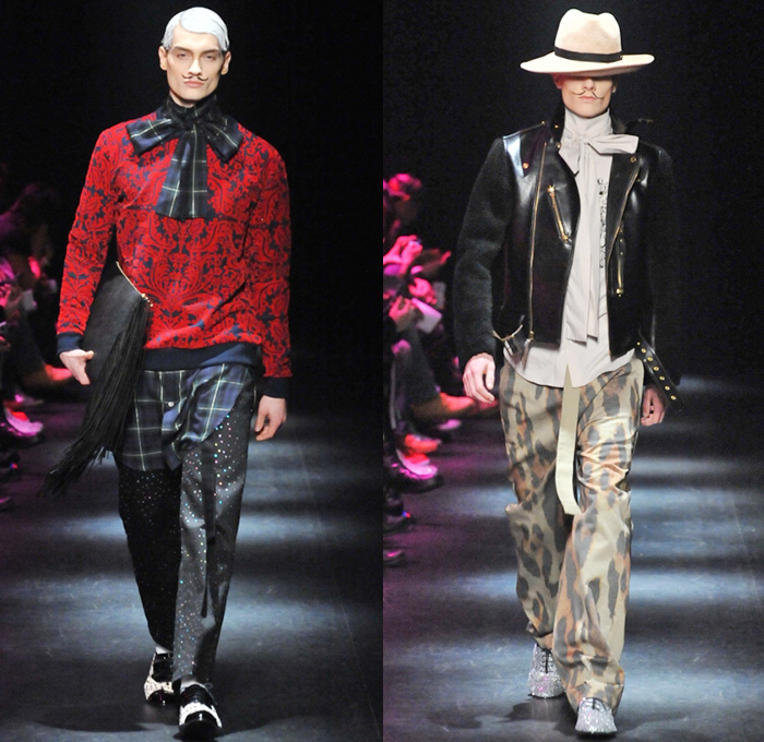 DRESSCAMP by Toshikazu Iwaya 2014-2015 Fall Autumn Winter Mens Runway Looks - Mercedes-Benz Fashion Week Tokyo Japan Catwalk Fashion Show - Denim Jeans Jumpsuit Boiler Suit Coveralls Outerwear Down Parka Coat Furry Hoodie Ribbon Leopard Oversized Dalmatian Spots Plaid Tartan Military Shorts Tuxedo Jacket Moustache Tights Fringes Hearts Stars Houndstooth Wide Leg Pants Trousers Motorcycle Biker Rider Hat Sweatpants Sweatshirt Necklace Print Motif