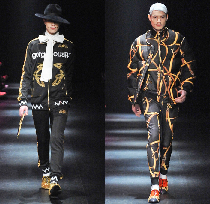 DRESSCAMP by Toshikazu Iwaya 2014-2015 Fall Autumn Winter Mens Runway Looks - Mercedes-Benz Fashion Week Tokyo Japan Catwalk Fashion Show - Denim Jeans Jumpsuit Boiler Suit Coveralls Outerwear Down Parka Coat Furry Hoodie Ribbon Leopard Oversized Dalmatian Spots Plaid Tartan Military Shorts Tuxedo Jacket Moustache Tights Fringes Hearts Stars Houndstooth Wide Leg Pants Trousers Motorcycle Biker Rider Hat Sweatpants Sweatshirt Necklace Print Motif