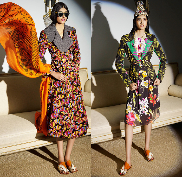 Duro Olowu 2014-2015 Fall Autumn Winter Womens Lookbook Presentation - London Fashion Week Catwalk England British UK - Cape Poncho Shawl Trench Coat Outerwear Color Block Wide Leg Palazzo Pants Mix Match Ornamental Art Prints Zigzag Flowers Florals Geometric Sheer Chiffon Peekaboo Blazer Skirt Frock Silk Ruffles Drapery