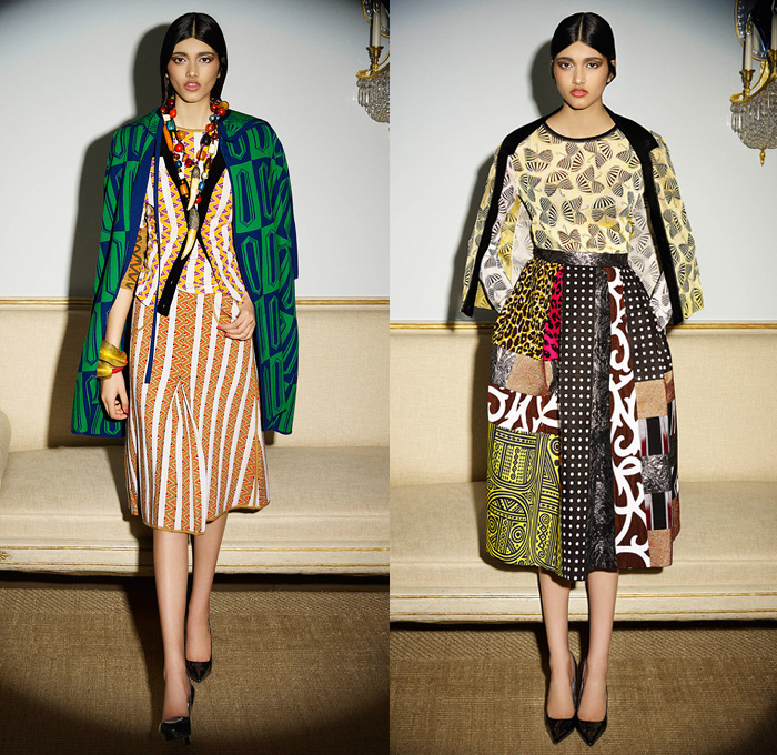 Duro Olowu 2014-2015 Fall Autumn Winter Womens Lookbook Presentation - London Fashion Week Catwalk England British UK - Cape Poncho Shawl Trench Coat Outerwear Color Block Wide Leg Palazzo Pants Mix Match Ornamental Art Prints Zigzag Flowers Florals Geometric Sheer Chiffon Peekaboo Blazer Skirt Frock Silk Ruffles Drapery