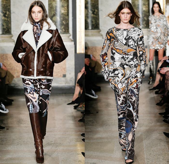 Emilio Pucci 2014-2015 Fall Autumn Winter Womens Runway Looks - Milano Moda Donna Milan Fashion Week - Camera Nazionale della Moda Italiana - Ornamental Abstract Prints Decorative Art Fringes Furry Sheer Chiffon Chunky Knit Cardigan Shawl Collar Leather Turtleneck Poncho Cape Mantle Tunicdress Dress Drapery Halterneck Robe Wrap One Shoulder 