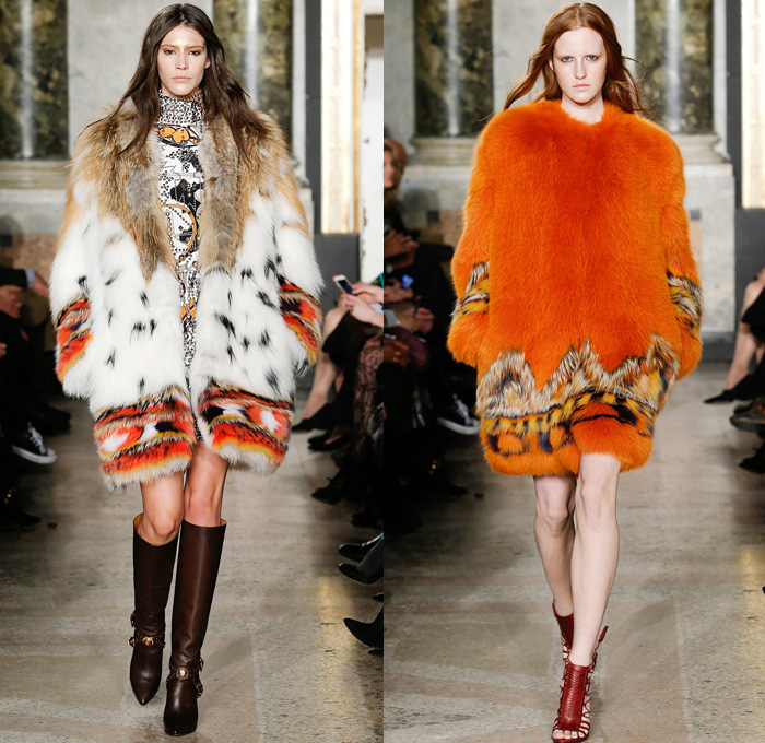 Emilio Pucci 2014-2015 Fall Autumn Winter Womens Runway Looks - Milano Moda Donna Milan Fashion Week - Camera Nazionale della Moda Italiana - Ornamental Abstract Prints Decorative Art Fringes Furry Sheer Chiffon Chunky Knit Cardigan Shawl Collar Leather Turtleneck Poncho Cape Mantle Tunicdress Dress Drapery Halterneck Robe Wrap One Shoulder 