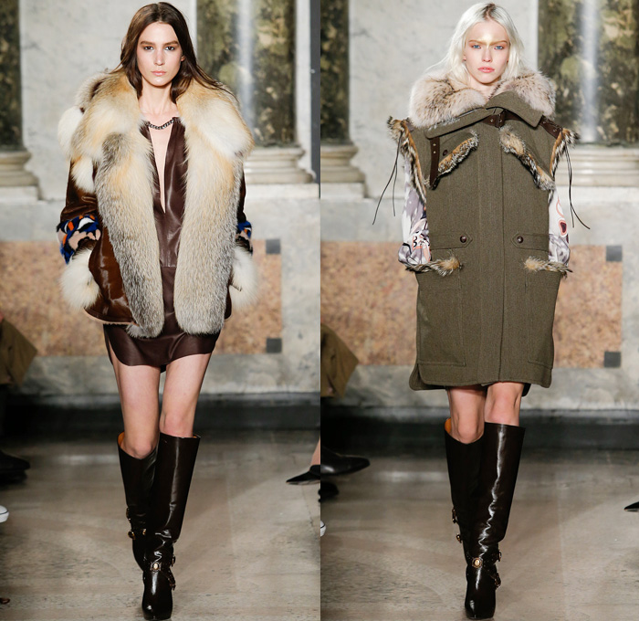 Emilio Pucci 2014-2015 Fall Autumn Winter Womens Runway Looks - Milano Moda Donna Milan Fashion Week - Camera Nazionale della Moda Italiana - Ornamental Abstract Prints Decorative Art Fringes Furry Sheer Chiffon Chunky Knit Cardigan Shawl Collar Leather Turtleneck Poncho Cape Mantle Tunicdress Dress Drapery Halterneck Robe Wrap One Shoulder 