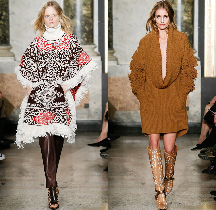 Emilio Pucci 2014-2015 Fall Autumn Winter Womens Runway Looks - Milano Moda Donna Milan Fashion Week - Camera Nazionale della Moda Italiana - Ornamental Abstract Prints Decorative Art Fringes Furry Sheer Chiffon Chunky Knit Cardigan Shawl Collar Leather Turtleneck Poncho Cape Mantle Tunicdress Dress Drapery Halterneck Robe Wrap One Shoulder 