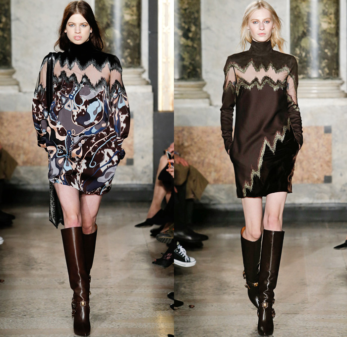 Emilio Pucci 2014-2015 Fall Autumn Winter Womens Runway Looks - Milano Moda Donna Milan Fashion Week - Camera Nazionale della Moda Italiana - Ornamental Abstract Prints Decorative Art Fringes Furry Sheer Chiffon Chunky Knit Cardigan Shawl Collar Leather Turtleneck Poncho Cape Mantle Tunicdress Dress Drapery Halterneck Robe Wrap One Shoulder 