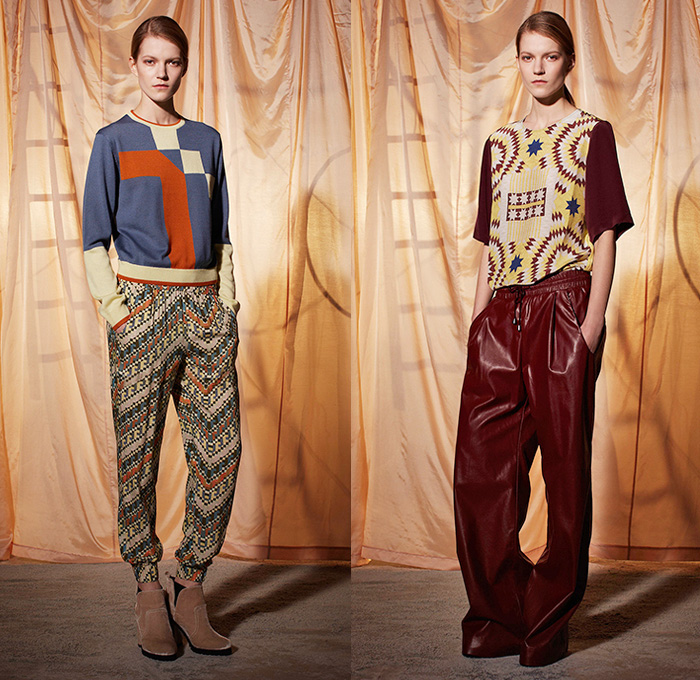 Emma Cook 2014-2015 Fall Autumn Winter Womens Lookbook Presentation - London UK England Great Britain Fashion Collection - Jogging Sweatpants American Quilt Egyptian Gold Scarabs Persian Rug Sweater Jumper Print Motif Ornamental Print Decorative Art Drawstring Wide Leg Palazzo Pants Trousers Geometric Hoodie Rainwear Anorak Bugs Insects Flies Dragonfly Bee Onesie Shirtdress Popover Pencil Skirt Frock Camel Desert Stripes Low V-Neck