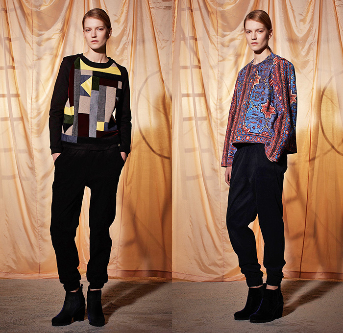 Emma Cook 2014-2015 Fall Autumn Winter Womens Lookbook Presentation - London UK England Great Britain Fashion Collection - Jogging Sweatpants American Quilt Egyptian Gold Scarabs Persian Rug Sweater Jumper Print Motif Ornamental Print Decorative Art Drawstring Wide Leg Palazzo Pants Trousers Geometric Hoodie Rainwear Anorak Bugs Insects Flies Dragonfly Bee Onesie Shirtdress Popover Pencil Skirt Frock Camel Desert Stripes Low V-Neck