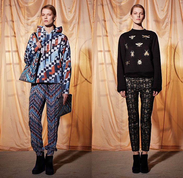 Emma Cook 2014-2015 Fall Autumn Winter Womens Lookbook Presentation - London UK England Great Britain Fashion Collection - Jogging Sweatpants American Quilt Egyptian Gold Scarabs Persian Rug Sweater Jumper Print Motif Ornamental Print Decorative Art Drawstring Wide Leg Palazzo Pants Trousers Geometric Hoodie Rainwear Anorak Bugs Insects Flies Dragonfly Bee Onesie Shirtdress Popover Pencil Skirt Frock Camel Desert Stripes Low V-Neck