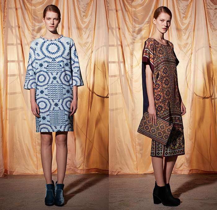 Emma Cook 2014-2015 Fall Autumn Winter Womens Lookbook Presentation - London UK England Great Britain Fashion Collection - Jogging Sweatpants American Quilt Egyptian Gold Scarabs Persian Rug Sweater Jumper Print Motif Ornamental Print Decorative Art Drawstring Wide Leg Palazzo Pants Trousers Geometric Hoodie Rainwear Anorak Bugs Insects Flies Dragonfly Bee Onesie Shirtdress Popover Pencil Skirt Frock Camel Desert Stripes Low V-Neck
