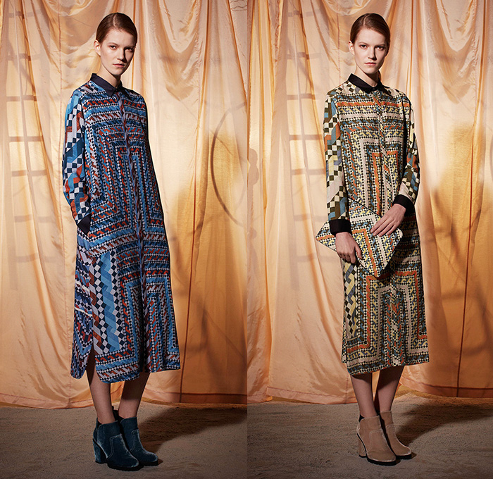 Emma Cook 2014-2015 Fall Autumn Winter Womens Lookbook Presentation - London UK England Great Britain Fashion Collection - Jogging Sweatpants American Quilt Egyptian Gold Scarabs Persian Rug Sweater Jumper Print Motif Ornamental Print Decorative Art Drawstring Wide Leg Palazzo Pants Trousers Geometric Hoodie Rainwear Anorak Bugs Insects Flies Dragonfly Bee Onesie Shirtdress Popover Pencil Skirt Frock Camel Desert Stripes Low V-Neck