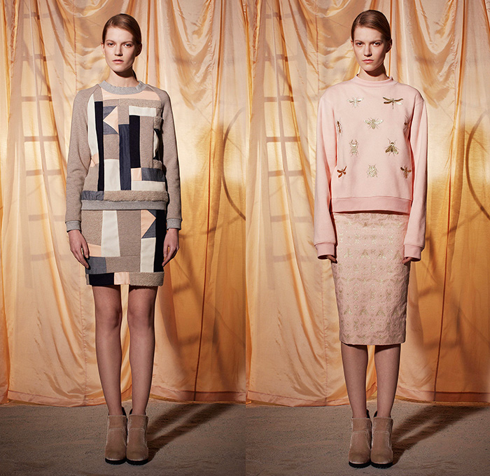 Emma Cook 2014-2015 Fall Autumn Winter Womens Lookbook Presentation - London UK England Great Britain Fashion Collection - Jogging Sweatpants American Quilt Egyptian Gold Scarabs Persian Rug Sweater Jumper Print Motif Ornamental Print Decorative Art Drawstring Wide Leg Palazzo Pants Trousers Geometric Hoodie Rainwear Anorak Bugs Insects Flies Dragonfly Bee Onesie Shirtdress Popover Pencil Skirt Frock Camel Desert Stripes Low V-Neck