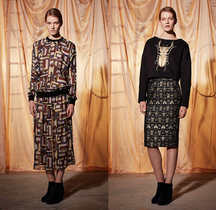 Emma Cook 2014-2015 Fall Autumn Winter Womens Lookbook Presentation - London UK England Great Britain Fashion Collection - Jogging Sweatpants American Quilt Egyptian Gold Scarabs Persian Rug Sweater Jumper Print Motif Ornamental Print Decorative Art Drawstring Wide Leg Palazzo Pants Trousers Geometric Hoodie Rainwear Anorak Bugs Insects Flies Dragonfly Bee Onesie Shirtdress Popover Pencil Skirt Frock Camel Desert Stripes Low V-Neck