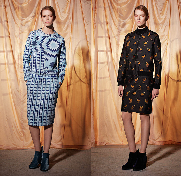 Emma Cook 2014-2015 Fall Autumn Winter Womens Lookbook Presentation - London UK England Great Britain Fashion Collection - Jogging Sweatpants American Quilt Egyptian Gold Scarabs Persian Rug Sweater Jumper Print Motif Ornamental Print Decorative Art Drawstring Wide Leg Palazzo Pants Trousers Geometric Hoodie Rainwear Anorak Bugs Insects Flies Dragonfly Bee Onesie Shirtdress Popover Pencil Skirt Frock Camel Desert Stripes Low V-Neck