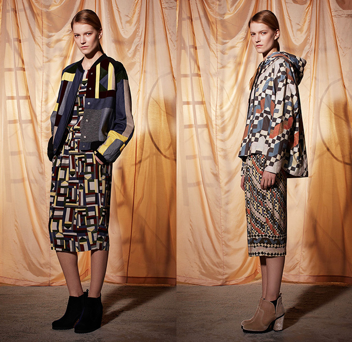 Emma Cook 2014-2015 Fall Autumn Winter Womens Lookbook Presentation - London UK England Great Britain Fashion Collection - Jogging Sweatpants American Quilt Egyptian Gold Scarabs Persian Rug Sweater Jumper Print Motif Ornamental Print Decorative Art Drawstring Wide Leg Palazzo Pants Trousers Geometric Hoodie Rainwear Anorak Bugs Insects Flies Dragonfly Bee Onesie Shirtdress Popover Pencil Skirt Frock Camel Desert Stripes Low V-Neck