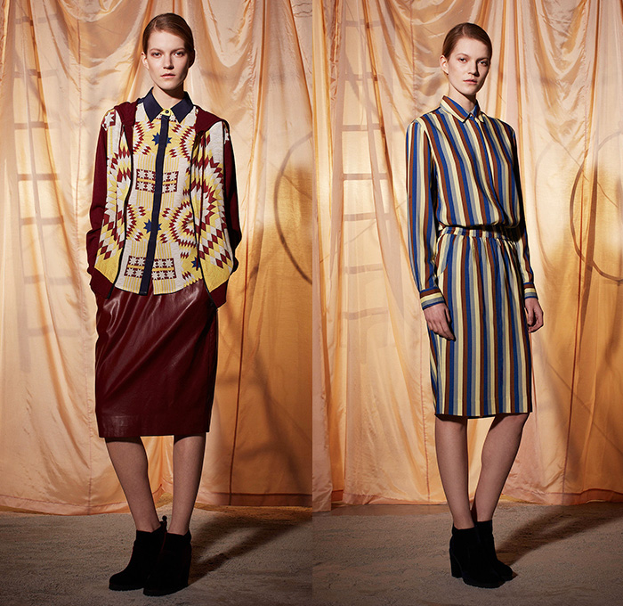 Emma Cook 2014-2015 Fall Autumn Winter Womens Lookbook Presentation - London UK England Great Britain Fashion Collection - Jogging Sweatpants American Quilt Egyptian Gold Scarabs Persian Rug Sweater Jumper Print Motif Ornamental Print Decorative Art Drawstring Wide Leg Palazzo Pants Trousers Geometric Hoodie Rainwear Anorak Bugs Insects Flies Dragonfly Bee Onesie Shirtdress Popover Pencil Skirt Frock Camel Desert Stripes Low V-Neck