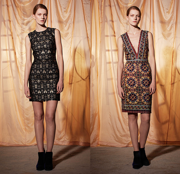 Emma Cook 2014-2015 Fall Autumn Winter Womens Lookbook Presentation - London UK England Great Britain Fashion Collection - Jogging Sweatpants American Quilt Egyptian Gold Scarabs Persian Rug Sweater Jumper Print Motif Ornamental Print Decorative Art Drawstring Wide Leg Palazzo Pants Trousers Geometric Hoodie Rainwear Anorak Bugs Insects Flies Dragonfly Bee Onesie Shirtdress Popover Pencil Skirt Frock Camel Desert Stripes Low V-Neck
