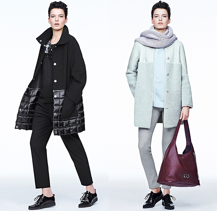 Escada Sport 2014-2015 Fall Autumn Winter Womens Lookbook Collection - Outerwear Coat Multi-Panel Quilted Trousers Cropped Pants Furry Scarf Tote Bag Cords Corduroy Shearling Cardigan Jeans Grey Gray Down Jacket Hoodie Drawstring Gloves Belted Waist Leggings Tights Windowpane Check Dress Flowers Florals Skirt Frock Boots Sweater Jumper Shirtdress One Piece Onesie Jumpsuit