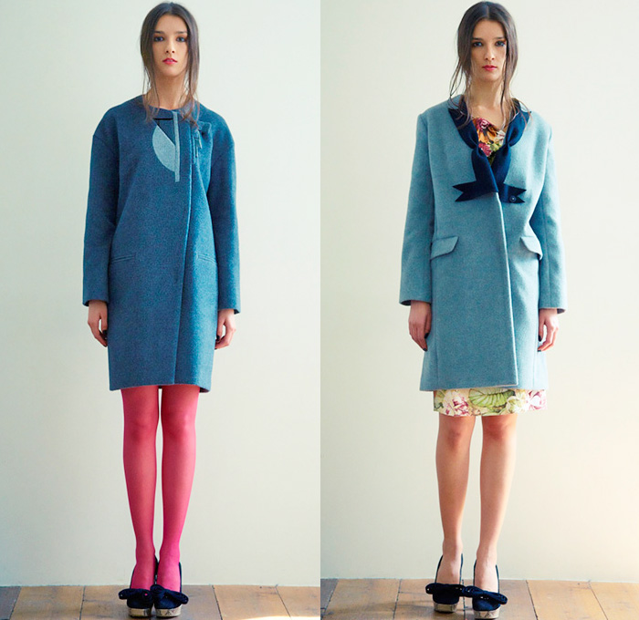 et momonakia 2014-2015 Fall Autumn Winter Womens Lookbook Presentation - Japan Fashion Looks Collection - Leaf Outerwear Coat Leggings Minimalist Wool Ribbons Foliage Argyle Waffle Quilted Knit Sweater Jumper Sweaterdress Jumperdress Shirtdress Checks Grid Lattice Prismatic 3D Embellishment Dress Origami Curved Hem Bib Turtleneck Skirt Frock Scarf 