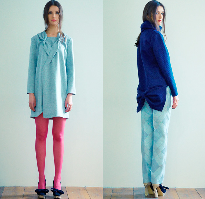 et momonakia 2014-2015 Fall Autumn Winter Womens Lookbook Presentation - Japan Fashion Looks Collection - Leaf Outerwear Coat Leggings Minimalist Wool Ribbons Foliage Argyle Waffle Quilted Knit Sweater Jumper Sweaterdress Jumperdress Shirtdress Checks Grid Lattice Prismatic 3D Embellishment Dress Origami Curved Hem Bib Turtleneck Skirt Frock Scarf 