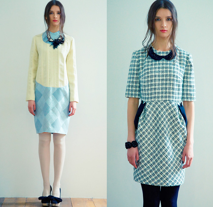 et momonakia 2014-2015 Fall Autumn Winter Womens Lookbook Presentation - Japan Fashion Looks Collection - Leaf Outerwear Coat Leggings Minimalist Wool Ribbons Foliage Argyle Waffle Quilted Knit Sweater Jumper Sweaterdress Jumperdress Shirtdress Checks Grid Lattice Prismatic 3D Embellishment Dress Origami Curved Hem Bib Turtleneck Skirt Frock Scarf 