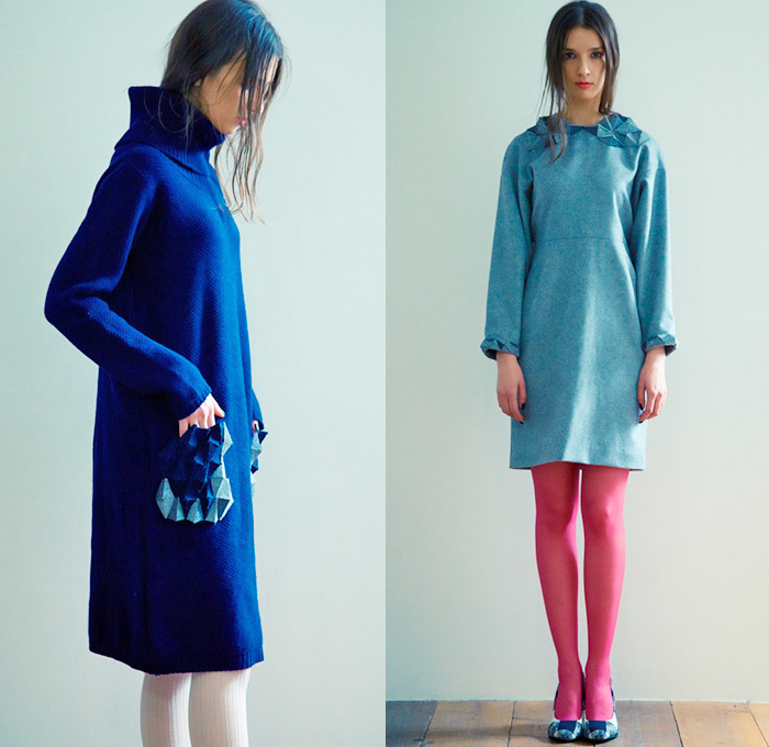 et momonakia 2014-2015 Fall Autumn Winter Womens Lookbook Presentation - Japan Fashion Looks Collection - Leaf Outerwear Coat Leggings Minimalist Wool Ribbons Foliage Argyle Waffle Quilted Knit Sweater Jumper Sweaterdress Jumperdress Shirtdress Checks Grid Lattice Prismatic 3D Embellishment Dress Origami Curved Hem Bib Turtleneck Skirt Frock Scarf 