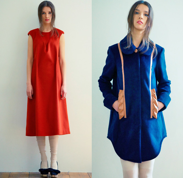 et momonakia 2014-2015 Fall Autumn Winter Womens Lookbook Presentation - Japan Fashion Looks Collection - Leaf Outerwear Coat Leggings Minimalist Wool Ribbons Foliage Argyle Waffle Quilted Knit Sweater Jumper Sweaterdress Jumperdress Shirtdress Checks Grid Lattice Prismatic 3D Embellishment Dress Origami Curved Hem Bib Turtleneck Skirt Frock Scarf 