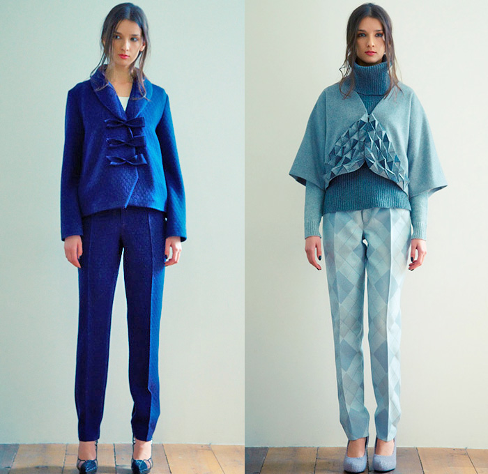et momonakia 2014-2015 Fall Autumn Winter Womens Lookbook Presentation - Japan Fashion Looks Collection - Leaf Outerwear Coat Leggings Minimalist Wool Ribbons Foliage Argyle Waffle Quilted Knit Sweater Jumper Sweaterdress Jumperdress Shirtdress Checks Grid Lattice Prismatic 3D Embellishment Dress Origami Curved Hem Bib Turtleneck Skirt Frock Scarf 