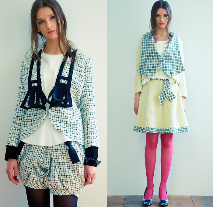 et momonakia 2014-2015 Fall Autumn Winter Womens Lookbook Presentation - Japan Fashion Looks Collection - Leaf Outerwear Coat Leggings Minimalist Wool Ribbons Foliage Argyle Waffle Quilted Knit Sweater Jumper Sweaterdress Jumperdress Shirtdress Checks Grid Lattice Prismatic 3D Embellishment Dress Origami Curved Hem Bib Turtleneck Skirt Frock Scarf 