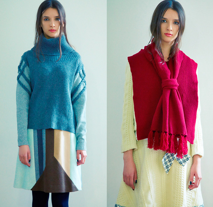 et momonakia 2014-2015 Fall Autumn Winter Womens Lookbook Presentation - Japan Fashion Looks Collection - Leaf Outerwear Coat Leggings Minimalist Wool Ribbons Foliage Argyle Waffle Quilted Knit Sweater Jumper Sweaterdress Jumperdress Shirtdress Checks Grid Lattice Prismatic 3D Embellishment Dress Origami Curved Hem Bib Turtleneck Skirt Frock Scarf 