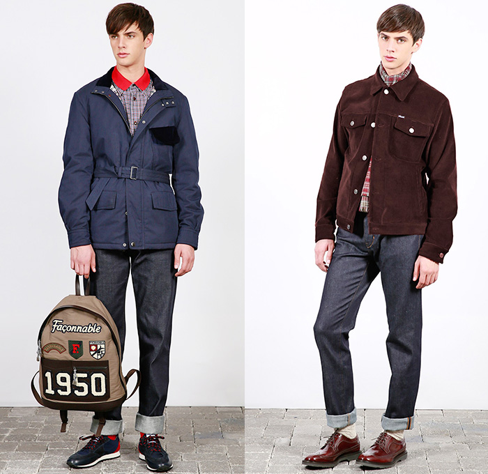 (01a) French Blue Motorcycle Parka In Cotton Nylon with Navy Corduroy Trim - Shirt In Exclusive Blue And Red Check With Denim Yoke - Tapered Fit Five Pocket Tumbled Jeans - (01b) Burgundy Corduroy Denim Blouson - Five Pocket Tumbled Slim Jeans - F. by Façonnable 2014-2015 Fall Autumn Winter Mens Lookbook Collection - Nice France Fashion Mode Automne Hiver - Denim Jeans Outerwear Coat Jacket Parka Strap Backpack Checks Corduroy Motorcycle Biker Rider Slim Nylon Hoodie Patches Mariner Toggles Nautical Shetland Badges Blouson Army Military Waterproof Anchor Sweatshirt Plaid Checks Multi-Panel Chinos Slacks Khakis Sneakers Shirt Duffel Bag Stripes Knit Sweater Jumper Shawl Collar Scarf