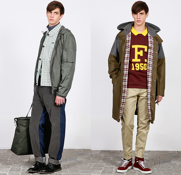 (02a) Military Green Packable Waterproof Light Hooded Blouson In Nylon - Five Pocket Chino In Contrast Grey Corduroy and Washed Denim - (02b) Padded Parka In Cotton Nylon with Hood and Patches in Felt - F. by Façonnable 2014-2015 Fall Autumn Winter Mens Lookbook Collection - Nice France Fashion Mode Automne Hiver - Denim Jeans Outerwear Coat Jacket Parka Strap Backpack Checks Corduroy Motorcycle Biker Rider Slim Nylon Hoodie Patches Mariner Toggles Nautical Shetland Badges Blouson Army Military Waterproof Anchor Sweatshirt Plaid Checks Multi-Panel Chinos Slacks Khakis Sneakers Shirt Duffel Bag Stripes Knit Sweater Jumper Shawl Collar Scarf