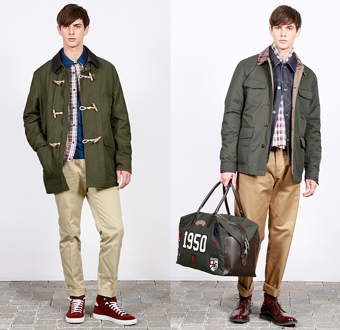 (03a) Cotton Nylon Field Jacket with Corduroy Collar With Mariner Toggles - (03b) Bottle Green Padded Nylon Parka with Contrast Cotton Nylon Facing and Shetland Check Collar - Tumbled Denim Blouson With Shetland Check Yoke - 48 Hour Leather And Nylon Bag With Badges - F. by Façonnable 2014-2015 Fall Autumn Winter Mens Lookbook Collection - Nice France Fashion Mode Automne Hiver - Denim Jeans Outerwear Coat Jacket Parka Strap Backpack Checks Corduroy Motorcycle Biker Rider Slim Nylon Hoodie Patches Mariner Toggles Nautical Shetland Badges Blouson Army Military Waterproof Anchor Sweatshirt Plaid Checks Multi-Panel Chinos Slacks Khakis Sneakers Shirt Duffel Bag Stripes Knit Sweater Jumper Shawl Collar Scarf