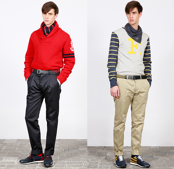 (05a) Red Mariner Shawl Knit with Anchor F Embroidery - (05b) Long Sleeve Sweatshirt in Light Grey Marl with Sunflower Yellow - F. by Façonnable 2014-2015 Fall Autumn Winter Mens Lookbook Collection - Nice France Fashion Mode Automne Hiver - Denim Jeans Outerwear Coat Jacket Parka Strap Backpack Checks Corduroy Motorcycle Biker Rider Slim Nylon Hoodie Patches Mariner Toggles Nautical Shetland Badges Blouson Army Military Waterproof Anchor Sweatshirt Plaid Checks Multi-Panel Chinos Slacks Khakis Sneakers Shirt Duffel Bag Stripes Knit Sweater Jumper Shawl Collar Scarf