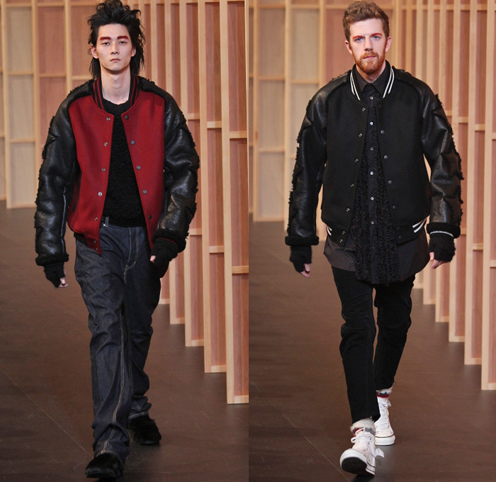 FACETASM by Hiromichi Ochiai 2014-2015 Fall Autumn Winter Mens Runway Looks - Mercedes-Benz Fashion Week Tokyo Japan Catwalk Fashion Show - Denim Jeans Bomber Jacket Varsity Jacket Outerwear Coat Topcoat Overcoat Multi-Panel Parka Down Jacket Puffer Checks Blazer Gloves Sneakers Layers Oversized Stripes Hoodie Ruffles