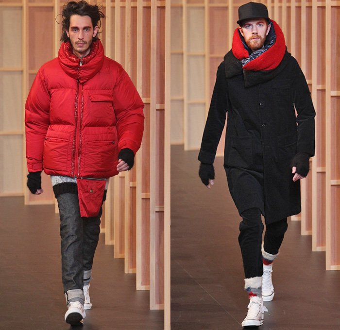 FACETASM by Hiromichi Ochiai 2014-2015 Fall Autumn Winter Mens Runway Looks - Mercedes-Benz Fashion Week Tokyo Japan Catwalk Fashion Show - Denim Jeans Bomber Jacket Varsity Jacket Outerwear Coat Topcoat Overcoat Multi-Panel Parka Down Jacket Puffer Checks Blazer Gloves Sneakers Layers Oversized Stripes Hoodie Ruffles