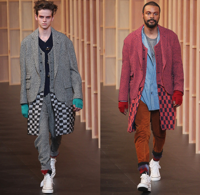 FACETASM by Hiromichi Ochiai 2014-2015 Fall Autumn Winter Mens Runway Looks - Mercedes-Benz Fashion Week Tokyo Japan Catwalk Fashion Show - Denim Jeans Bomber Jacket Varsity Jacket Outerwear Coat Topcoat Overcoat Multi-Panel Parka Down Jacket Puffer Checks Blazer Gloves Sneakers Layers Oversized Stripes Hoodie Ruffles