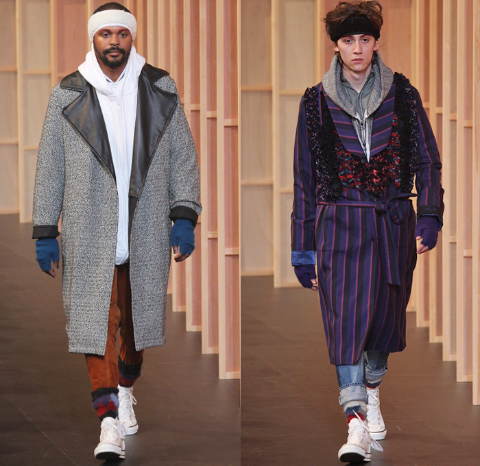 FACETASM by Hiromichi Ochiai 2014-2015 Fall Autumn Winter Mens Runway Looks - Mercedes-Benz Fashion Week Tokyo Japan Catwalk Fashion Show - Denim Jeans Bomber Jacket Varsity Jacket Outerwear Coat Topcoat Overcoat Multi-Panel Parka Down Jacket Puffer Checks Blazer Gloves Sneakers Layers Oversized Stripes Hoodie Ruffles