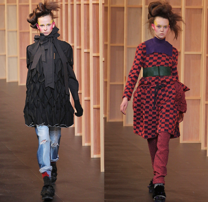 FACETASM by Hiromichi Ochiai 2014-2015 Fall Autumn Winter Womens Runway Looks - Mercedes-Benz Fashion Week Tokyo Japan Catwalk Fashion Show - Denim Jeans Ruffles Ribbons Dress Skirt Frock Checks Waistband Belt Bib Accordion Pleats Turtleneck Sweater Jumper Frayed Straps Knit Outerwear Jacket Wide Leg Palazzo Pants Gloves Crop Top Midriff Multi-Panel Pantsuit Blazersuit Jumpsuit Onesie 