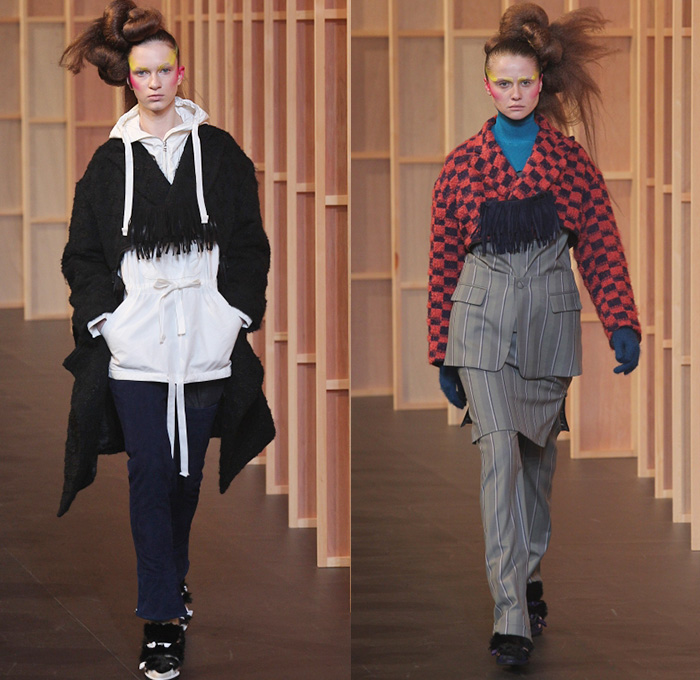 FACETASM by Hiromichi Ochiai 2014-2015 Fall Autumn Winter Womens Runway Looks - Mercedes-Benz Fashion Week Tokyo Japan Catwalk Fashion Show - Denim Jeans Ruffles Ribbons Dress Skirt Frock Checks Waistband Belt Bib Accordion Pleats Turtleneck Sweater Jumper Frayed Straps Knit Outerwear Jacket Wide Leg Palazzo Pants Gloves Crop Top Midriff Multi-Panel Pantsuit Blazersuit Jumpsuit Onesie 