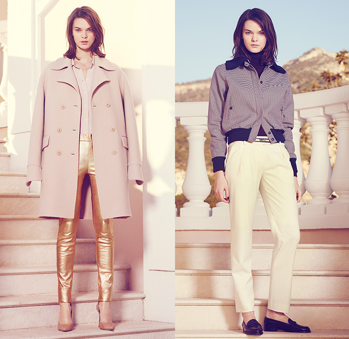 (01a) Double Face Beige Car Coat - Or Rose Stretch Leather Pants - (01b) Pied De Poule Ribbed Blouson - Façonnable 2014-2015 Fall Autumn Winter Womens Lookbook Collection - Nice France Fashion Mode Automne Hiver - Metallic Jeans Gold Outerwear Car Trench Coat Stretch Blouson Tailored Pencil Pants Skirt Leather Crepe Satin Kimono Tunic Dress Drape Shoulder Dress Bomber Jacket Pants Trousers Blazer Pantsuit