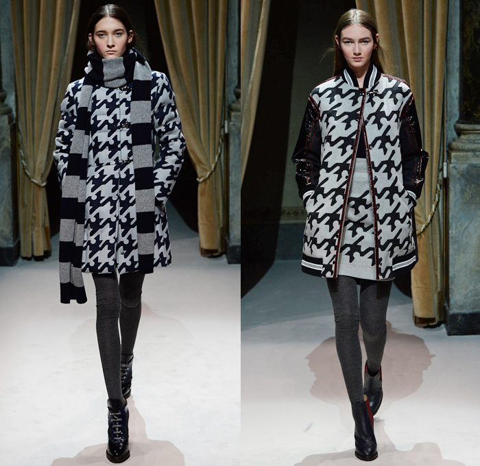 Fay 2014-2015 Fall Autumn Winter Womens Runway Looks - Milano Moda Donna Milan Fashion Week - Camera Nazionale della Moda Italiana - Charles M. Schulz Charlie Brown Snoopy Peanuts Yellow Bird Woodstock Colored Jeans Houndstooth Stripes Scarf Leggings Outerwear Trench Coat Bomber Jacket Parka Furry Pencil Skirt Rounded Hem Chunky Knit Sweater