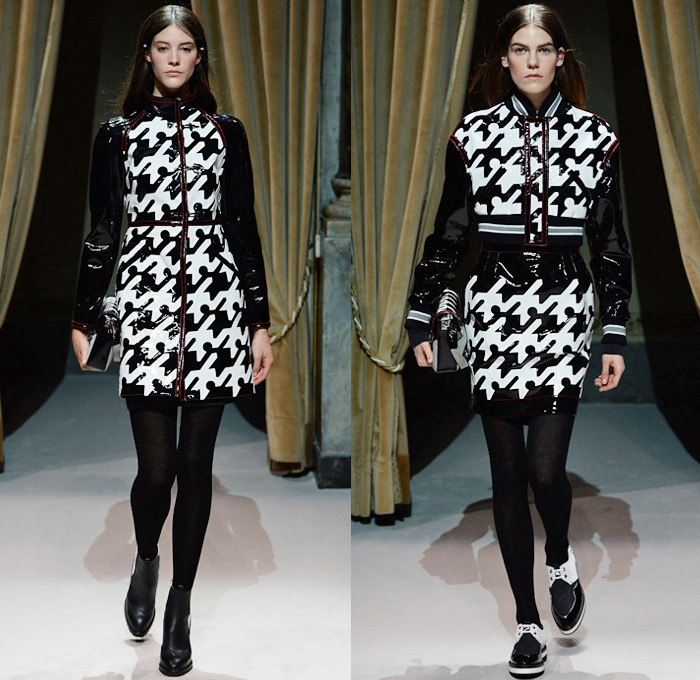 Fay 2014-2015 Fall Autumn Winter Womens Runway Looks - Milano Moda Donna Milan Fashion Week - Camera Nazionale della Moda Italiana - Charles M. Schulz Charlie Brown Snoopy Peanuts Yellow Bird Woodstock Colored Jeans Houndstooth Stripes Scarf Leggings Outerwear Trench Coat Bomber Jacket Parka Furry Pencil Skirt Rounded Hem Chunky Knit Sweater