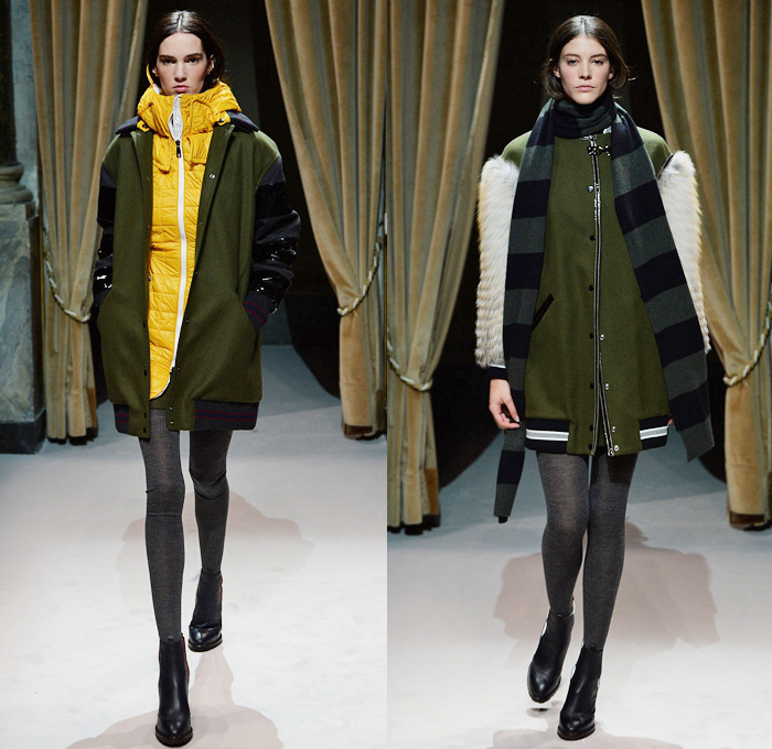 Fay 2014-2015 Fall Autumn Winter Womens Runway Looks - Milano Moda Donna Milan Fashion Week - Camera Nazionale della Moda Italiana - Charles M. Schulz Charlie Brown Snoopy Peanuts Yellow Bird Woodstock Colored Jeans Houndstooth Stripes Scarf Leggings Outerwear Trench Coat Bomber Jacket Parka Furry Pencil Skirt Rounded Hem Chunky Knit Sweater