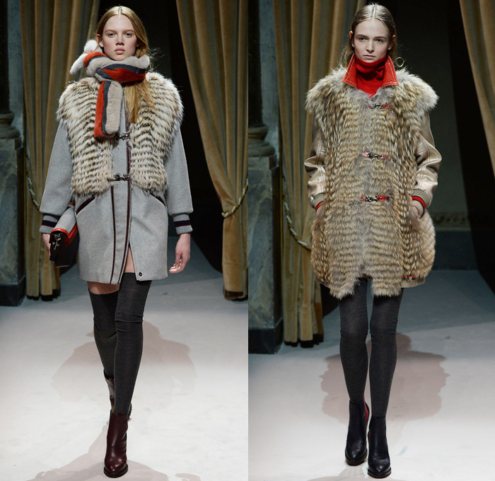 Fay 2014-2015 Fall Autumn Winter Womens Runway Looks - Milano Moda Donna Milan Fashion Week - Camera Nazionale della Moda Italiana - Charles M. Schulz Charlie Brown Snoopy Peanuts Yellow Bird Woodstock Colored Jeans Houndstooth Stripes Scarf Leggings Outerwear Trench Coat Bomber Jacket Parka Furry Pencil Skirt Rounded Hem Chunky Knit Sweater