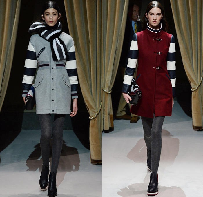 Fay 2014-2015 Fall Autumn Winter Womens Runway Looks - Milano Moda Donna Milan Fashion Week - Camera Nazionale della Moda Italiana - Charles M. Schulz Charlie Brown Snoopy Peanuts Yellow Bird Woodstock Colored Jeans Houndstooth Stripes Scarf Leggings Outerwear Trench Coat Bomber Jacket Parka Furry Pencil Skirt Rounded Hem Chunky Knit Sweater